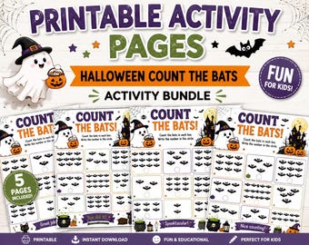 Könnte beinhalten: Ein druckbares Aktivitätsset mit Halloween-Zählseiten für Fledermäuse. Die Blätter zeigen einen Geist mit Kürbis, ein Spukhaus und Raster mit Fledermaus-Illustrationen zum Zählen. Text: PRINTABLE ACTIVITY PAGES, HALLOWEEN COUNT THE BATS, FUN FOR KIDS.