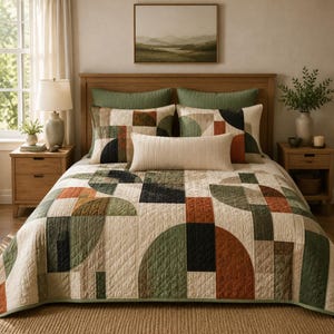 May include: A quilted bedspread featuring a geometric pattern of semicircles and rectangles in shades of olive green, burnt orange, black, and cream. The set includes two matching square pillows and a long, cream-coloured rectangular lumbar pillow.
