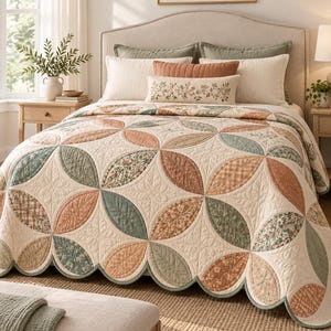 Pode incluir: Uma colcha com um padrão repetitivo de pétalas em tons de verde sálvia, terracota e creme. O tecido apresenta várias estampas florais e xadrez dentro das formas de pétalas, com uma borda recortada e costuras acolchoadas detalhadas.