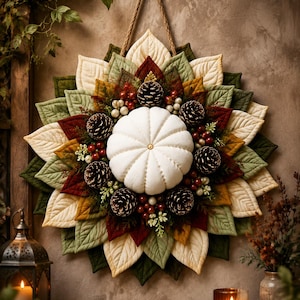 May include: A circular wall hanging featuring a central white fabric pumpkin surrounded by layers of quilted fabric leaves in shades of cream, sage green, olive, and deep burgundy, accented with brown pinecones and clusters of red and white berries.