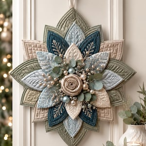 Può includere: Una decorazione da parete trapuntata a forma di grande fiore con petali sovrapposti nei toni del verde salvia, blu polvere e beige. Il centro presenta una rosa in tessuto circondata da piccole sfere metalliche, rametti argentati e foglie di eucalipto.