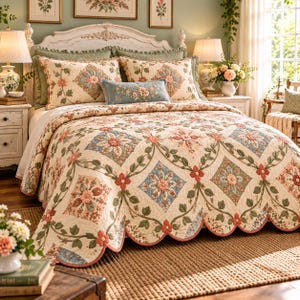 Op de afbeelding: Een crèmekleurige quilt met een herhalend ruitpatroon en bloemmotieven in tinten roze, saliegroen en vergrijsd blauw. De quilt heeft een geschulpte rand met roze afwerking en wordt vergezeld door bijpassende kussens en een rechthoekig kussen.