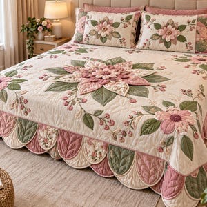 May include: A cream-colored quilted bedspread and two matching pillow shams featuring large, three-dimensional pink floral appliqués, green leaves, and small berry clusters. The edges have a scalloped border with alternating pink and green petals.