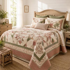 May include: A quilted bedspread featuring a patchwork star pattern in muted shades of sage green, dusty rose, and cream. The bedding set includes two matching pillow shams and a small rectangular accent pillow with a ribbed texture.