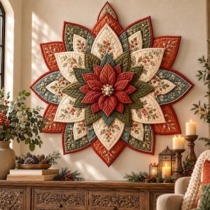 May include: A large, star-shaped fabric wall hanging featuring layered, quilted petals in shades of deep red, olive green, and cream. The petals are decorated with intricate botanical patterns of berries and leaves, centred with a cluster of white pearls.