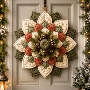 Può includere: Una ghirlanda circolare in tessuto con petali trapuntati a forma di foglia sovrapposti in color crema, verde oliva e terracotta. Il centro presenta una piccola zucca in tessuto circondata da aghi di pino, pigne e bacche bianche.