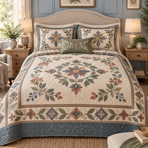 May include: A cream-colored quilt featuring a central floral medallion pattern in muted shades of blue, sage green, and terracotta. The bedding set includes two matching pillow shams and a small rectangular accent pillow in solid sage green.