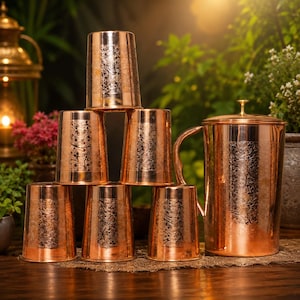 May include: A set of six copper tumblers and one matching copper pitcher, each featuring an intricate floral engraving. The tumblers are arranged in a pyramid stack, while the pitcher stands to the right with a handle and a lid with a knob.
