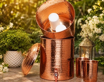 Indiase waterdispenser met filter van puur koper, gehamerd design en ingebouwde kaars - 15/20 liter