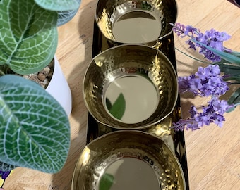 Hammered Brass Condiment Bowl Set with Tray | 3-Piece Serving Bowl Set | Gold Metal Snack Dish | Nuts Candy Dip Serving Tray | Vintage Decor
