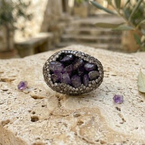 Raw Amethyst Statement Ring, Boho Natural Crystal Adjustable Jewelry, February Birthstone