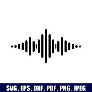 Puede incluir: Un icono gráfico negro de una onda sonora con barras verticales de alturas variables dispuestas en un patrón simétrico sobre un fondo blanco, con el texto SVG, EPS, DXF, PDF, PNG, JPEG mostrado en blanco en la parte inferior.