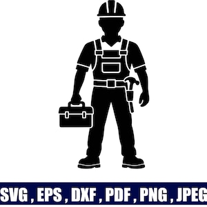 Peut inclure: Une silhouette graphique noire représentant un ouvrier du bâtiment portant un casque de chantier et une salopette, tenant une boîte à outils et un marteau à la ceinture. Le texte en bas indique SVG, EPS, DXF, PDF, PNG, JPEG.