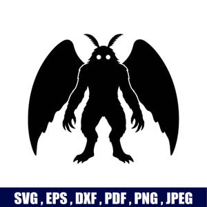 May include: A black silhouette graphic of a winged creature with two glowing white eyes, featuring feathery antennae and sharp claws. Below the graphic, the text reads: SVG, EPS, DXF, PDF, PNG, JPEG. The design is centered on a plain white background.