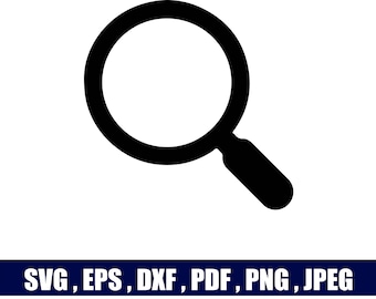 May include: A black magnifying glass icon centered on a white background, positioned above a dark blue horizontal bar containing the white text: SVG, EPS, DXF, PDF, PNG, JPEG. The graphic represents a search tool with a circular lens.