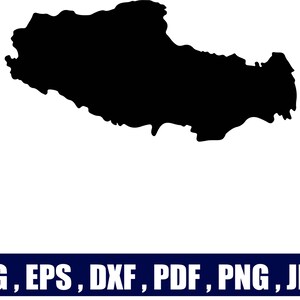 Puede incluir: Una silueta negra sólida de una forma geográfica sobre un fondo blanco. Debajo del mapa, una barra rectangular horizontal de color azul oscuro contiene el texto en blanco: SVG, EPS, DXF, PDF, PNG, JPEG, indicando los formatos de archivo.