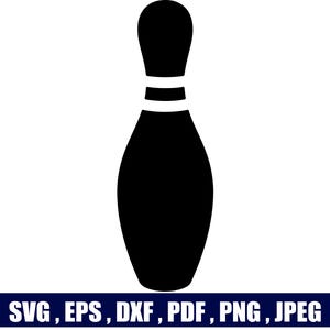Könnte beinhalten: Eine massive schwarze Bowling-Pin-Silhouette mit zwei horizontalen weißen Streifen am Hals. Unter der Grafik steht der Text SVG, EPS, DXF, PDF, PNG, JPEG in weißen Großbuchstaben auf einem dunkelblauen rechteckigen Hintergrund.