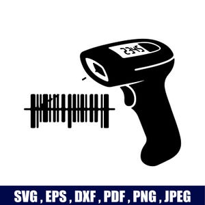 May include: A black silhouette graphic of a handheld barcode scanner aimed at a horizontal barcode. The scanner features a small digital display screen showing the numbers 2345. Below the graphic, the text reads SVG, EPS, DXF, PDF, PNG, JPEG.