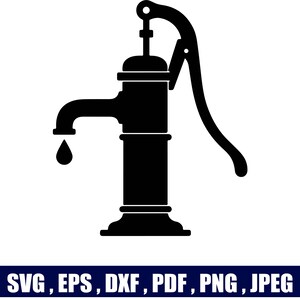 Peut inclure: Une silhouette noire représentant une pompe à eau manuelle vintage avec une poignée incurvée et une goutte d'eau suspendue au bec. Sous le graphique, le texte indique : SVG, EPS, DXF, PDF, PNG, JPEG.