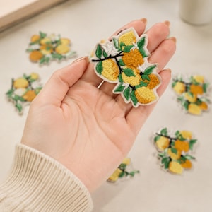May include: An embroidered patch featuring a cluster of yellow and orange lemons with green leaves and small white blossoms. The patch has a die-cut shape following the outline of the fruit and foliage, with detailed thread work.
