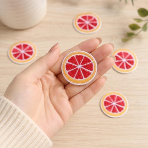May include: A circular embroidered patch featuring a cross-section of a grapefruit with a vibrant red center, a white pith ring, and an orange peel border. The design is stitched with detailed thread work, showcasing a segmented fruit pattern.
