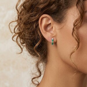 Multi‑Color Gemstone Huggie Hoop Earrings, Copper Frame 925 Silver Ear Post, Stackable Crystal Earrings for Daily Wear