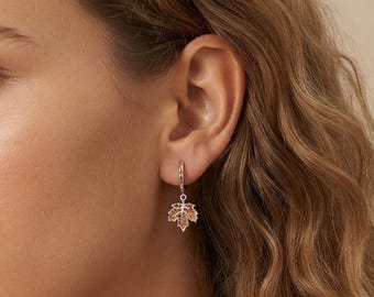 Pendientes de aro colgantes con forma de hoja de arce, plata de ley 925, circonita cúbica degradada naranja, pendientes de otoño, joyería, circonita cúbica, regalo de cumpleaños para mujer