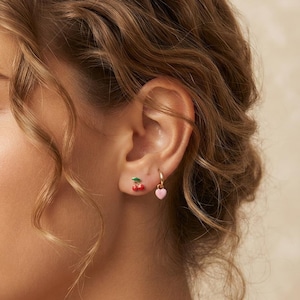 Cute Fruit Earring Cherry and Strawberry Stud Earrings Set, Copper Base with 925 Sterling Silver Post, Pink Heart and Red Cherry Earrings