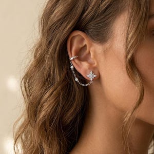 CZ Snowflake Chain Linked Ear Cuff Stud Earrings, Connected Ear Wrap 925 Sterling Copper, Dainty Cartilage Ear Jewelry Birthday Gift For Her