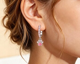 Pink Cat Paw Dangle Hoop Earrings 925 Sterling Enamel Heart Paw Print CZ Earrings Cute Everyday Earrings Anniversary Gift Gift For Her
