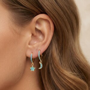 Star and Moon Multi‑Color CZ Huggie Hoop Earrings Set, Copper Jewelry, 925 Sterling Silver, Celestial Stackable Earring Pack Gift For Her