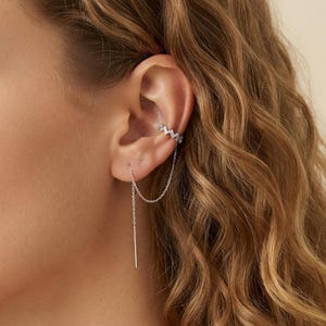 Wave Chain Ear Cuff Earring, 925 Sterling Silver Post, Copper Dangle Threader Earring, Minimalist Cartilage Piercing Jewelry