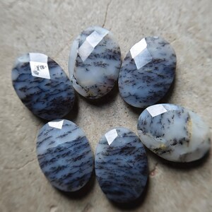 May include: Six oval-shaped dendritic opal gemstones with faceted surfaces. Each stone features a translucent white base with dark, fern-like inclusions branching across the surface. The stones are arranged in a circular pattern, showcasing their polished, reflective tops and distinct natural patterns.