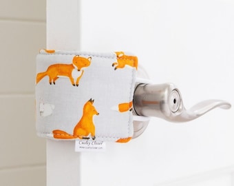 Original Cushy Closer Door Cushion -  Charlie Fox - Foxes on Gray - Door Latch Cover
