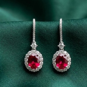 Red Ruby Earrings, 925 Sterling Silver, 14K White Gold Plated, Ruby Drop Earrings, Red Gemstone Earrings, Bridal Jewelry, Gift for Her.