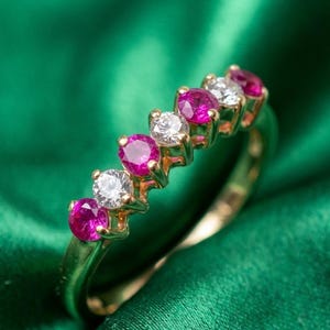 Ruby Ring, 925 Sterling Silver Ring, 14K Yellow Gold Plated Ring, Red Ruby and White Stone Band, Elegant Stackable Ring, Gift for Her