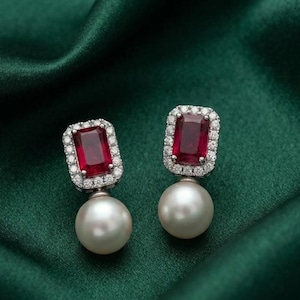 Orecchini pendenti con rubini e perle, in argento sterling 925 placcato oro bianco 14 carati, orecchini da sposa, gioielli da matrimonio, regalo per lei, orecchini di perle.