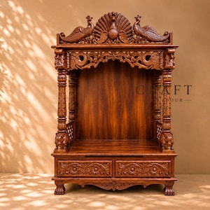 Hand Carved Wooden Temple, Indian Home Mandir, Pooja Shrine With Storage