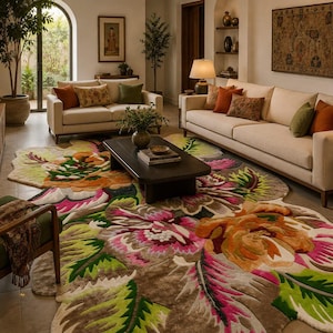 Living room scene with hand tufted floral area rug under coffee table, multicolor flower rug, wool and silk plush.