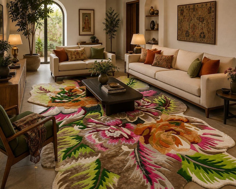 Living room scene with hand tufted floral area rug under coffee table, multicolor flower rug, wool and silk plush.
