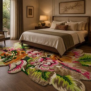 Bedroom view, hand tufted floral area rug tucked under bed, irregular shape area rug with pink and green botanicals.