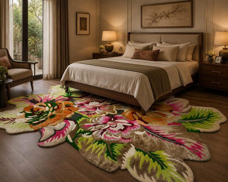 Bedroom view, hand tufted floral area rug tucked under bed, irregular shape area rug with pink and green botanicals.
