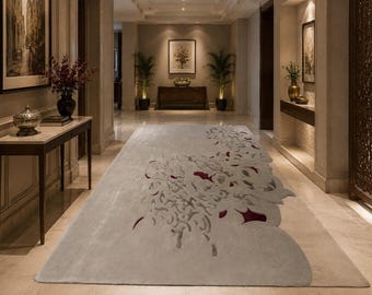 Ivory Floral Area Rug, Hand Tufted Wool and Silk, Sculpted Botanical Detail