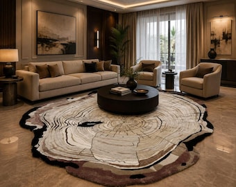 Tree Ring Rug, Hand Tufted Wool and Silk, Organic Wood Slice Design