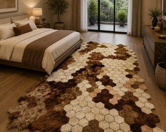Hexagon Area Rug, Hand Tufted Wool and Silk Honeycomb Design, Earth Tone Brown Decor