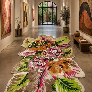 Long hallway, oversized floral rug runs down center, botanical statement rug in multicolor tones, sculptural petal silhouette.