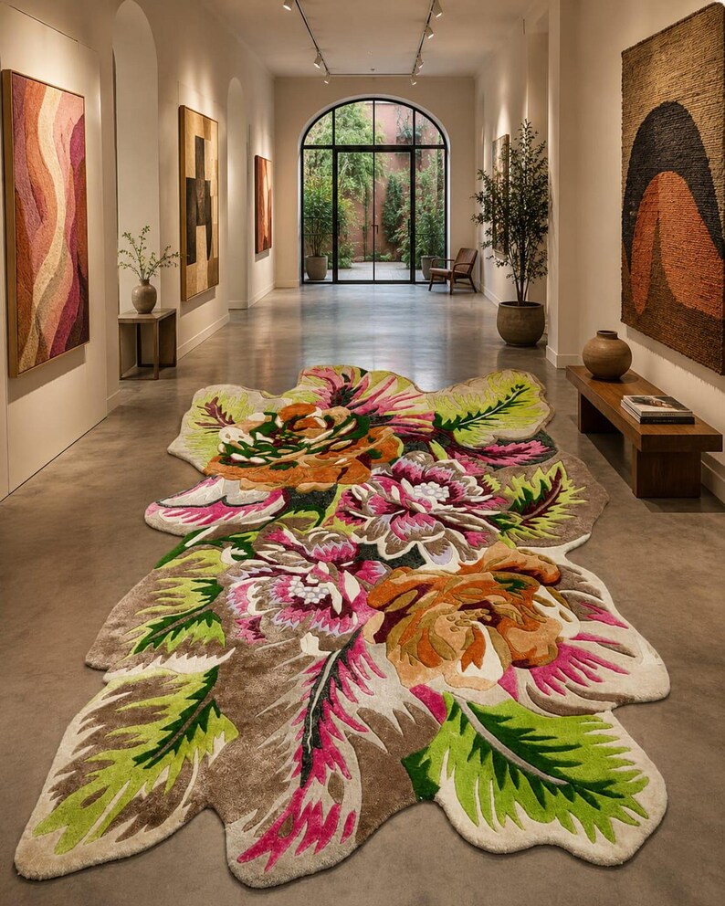 Long hallway, oversized floral rug runs down center, botanical statement rug in multicolor tones, sculptural petal silhouette.