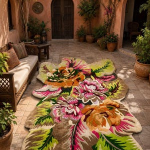 Courtyard view, flower shaped area rug on stone floor, luxury handmade wool and silk rug with pink botanical blooms.