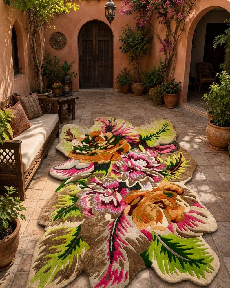 Courtyard view, flower shaped area rug on stone floor, luxury handmade wool and silk rug with pink botanical blooms.