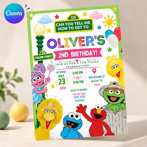 May include: A Sesame Street themed birthday invitation card featuring colourful illustrations of Elmo, Cookie Monster, Big Bird, Abby Cadabby, and Oscar the Grouch. The text reads Can You Tell Me How To Get To Oliver's 2nd Birthday, May 23, 2026.